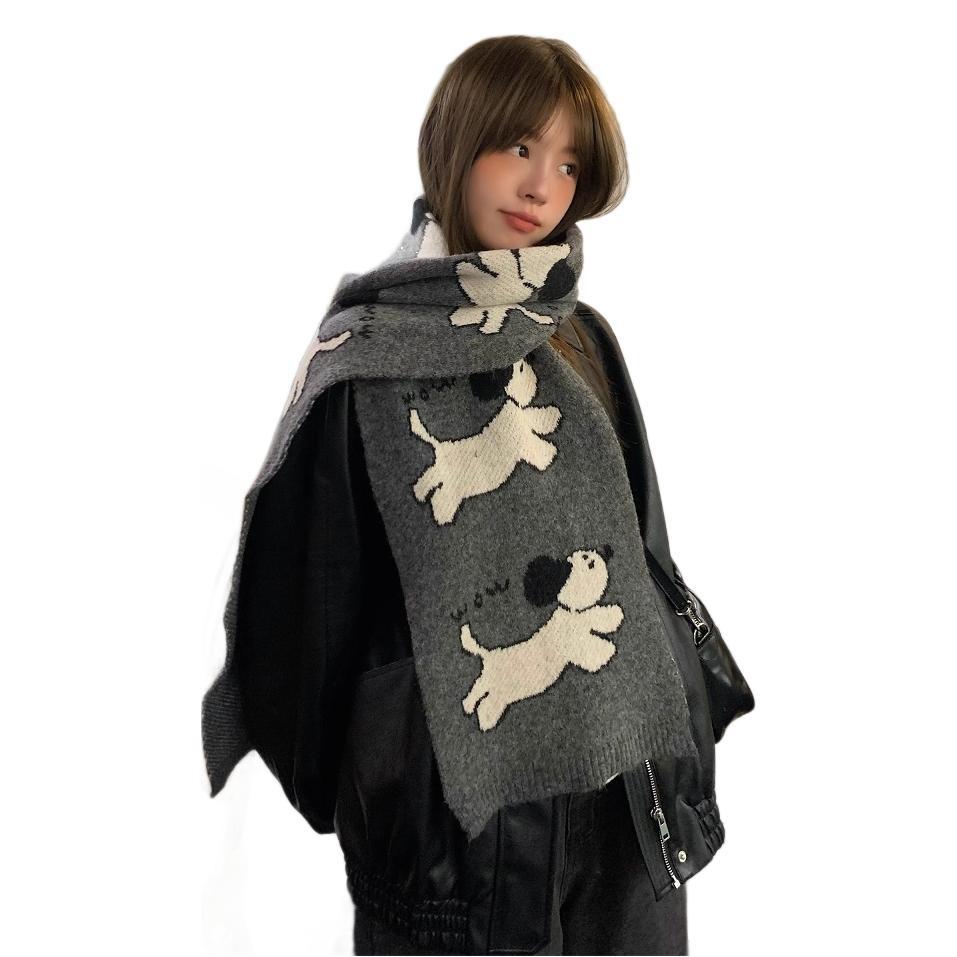New Japanese Cute Puppy Scarf for Women's Winter High-end Sense Versatile and Warm, Including Knitted Scarf for Student Men