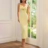 Temperament V-neck satin hollow suspender dress, European and American sexy backless strap waist and thin medium and long dress
