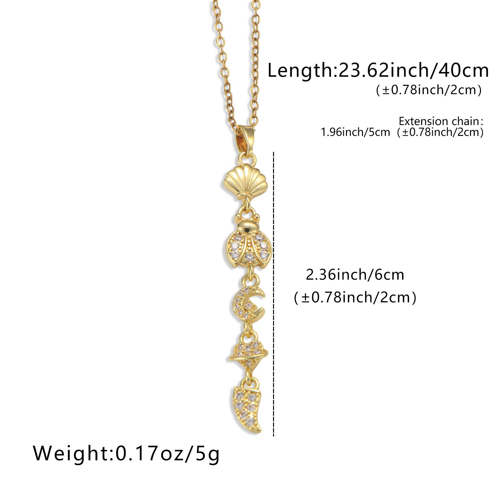 

Golden Simulated Shell Ladybug Moon Planet Horn Pendant Necklace for Women CZ Zircon Long Chain Beach Jewelry Gift золотистый
