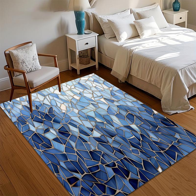 Blue Mosaic Area Rug Non Slip Washable Floor Carpet for Living Room Bedroom Entryway with Irregular Tile Pattern