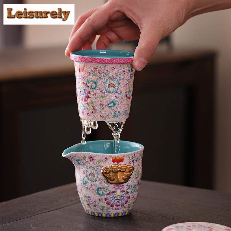 China-Chic Emaille Farbe Blüht Reiches Tee-Set Kit Antik 1 Kanne 2 Tassen Teezubereiter Camping Tragbares Teezubehör Ornamente