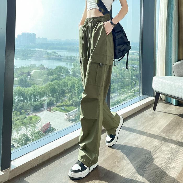 Fashion Women Joggers Pants Casual Chic Straight Cargo Pants Elastic High Waist Streetwear Slim Trousers Summer Thin
