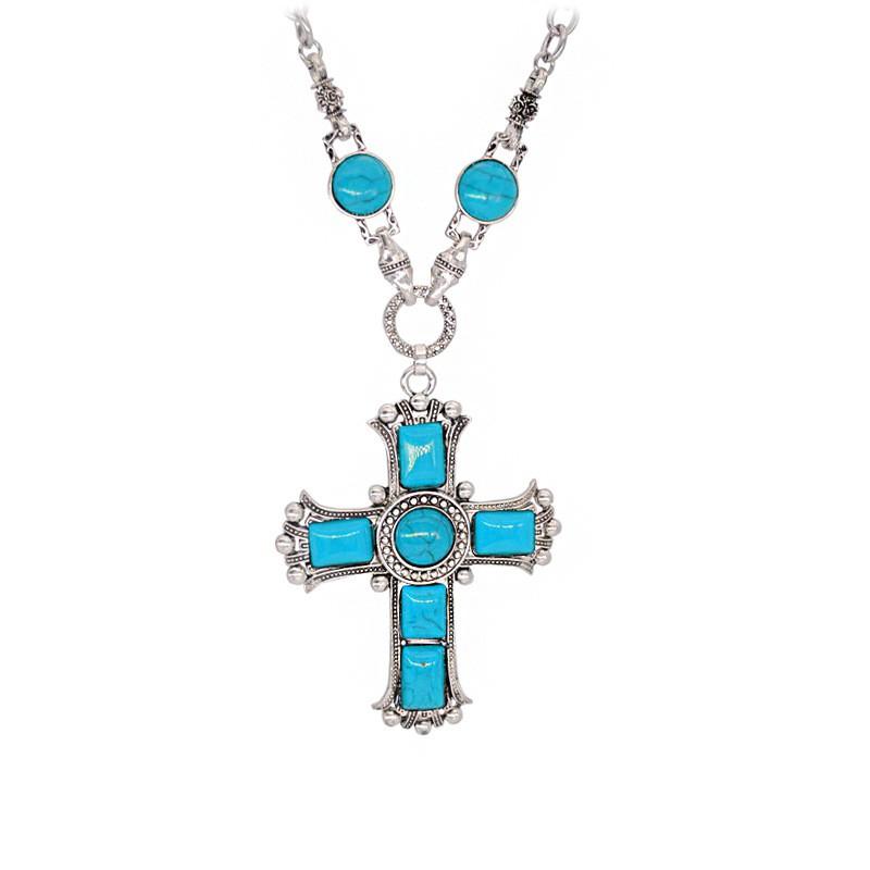 Vintage Cross Pendant Necklace Men Women Turquoise-Inlaid Alloy Snake Chain Statement Jewelry