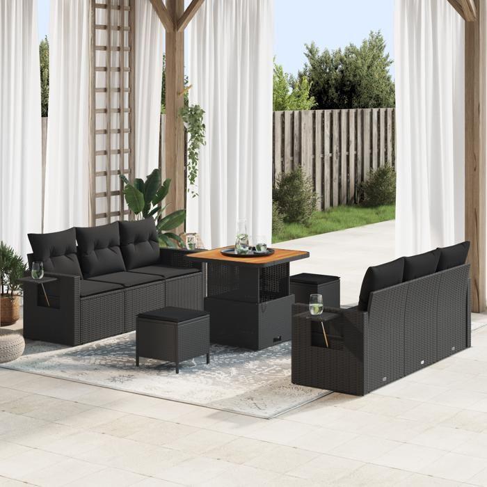 Ensemble de 9 pièces de canapé de jardin avec coussins en rattan poly noir acacia, Ensemble de 3 pièces de salle à manger de 3361694