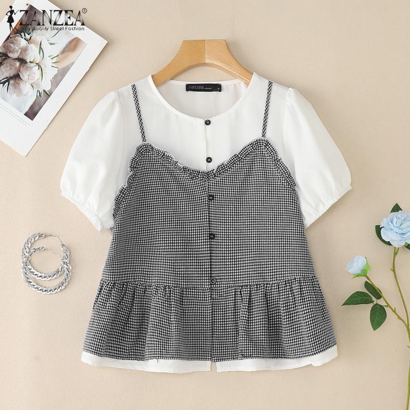 ZANZEA Women Summer Round Neck Plaid Print Patchwork Short Sleeve Blouse