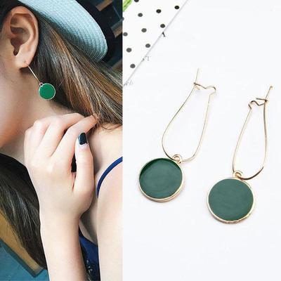 Women Simple Green Circle Earrings  Personality Wild Long Drop Dangle Earring Vintage Earrings
