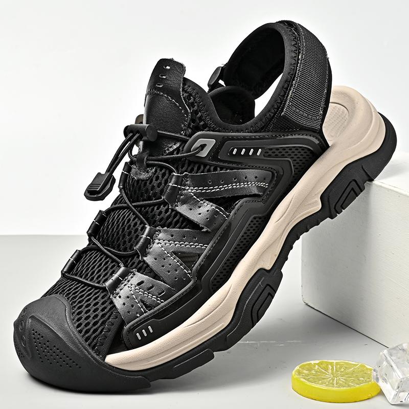 

Breathable Large Size Men s Sandals Summer New Style Outdoor Wear Sport Beach Shoes Rotation Buckle Casual Leather Sandals 45 чорний