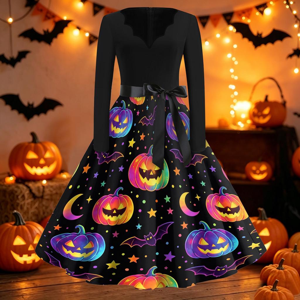 Women's Casual Vintage Halloween Dress V Neck Long Sleeve Retro Style Fit and Flare Knee Length Dress with Ghost Print and Waist Tie