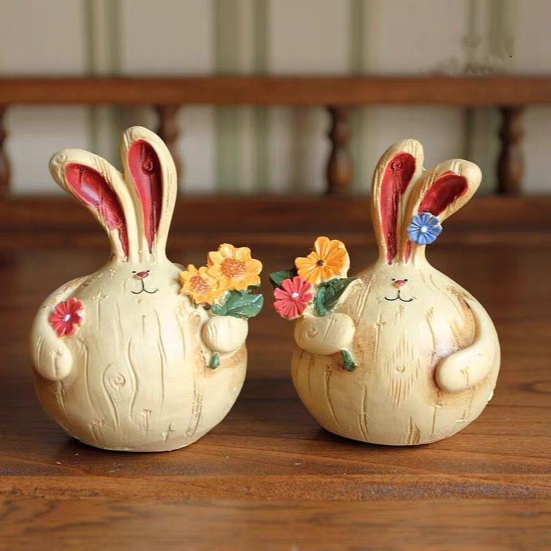 A PAIR Wood-like Resin Ornaments Retro Cute Bunny Craft Statues Cute Retro Cute Bunny Craft Statues A PAIR