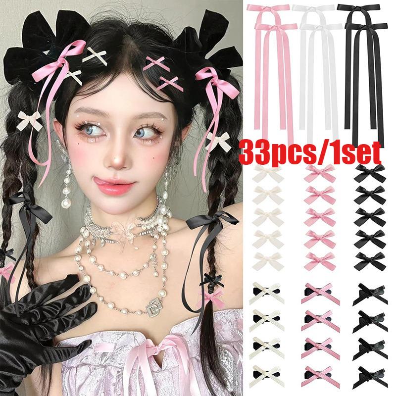 

Mini Hair Bows Women Girl Cute Hair Clips Small Alligator Long Tail Hair Ribbon Accessories-3 Styles-33PCS-Black White Pink Gift