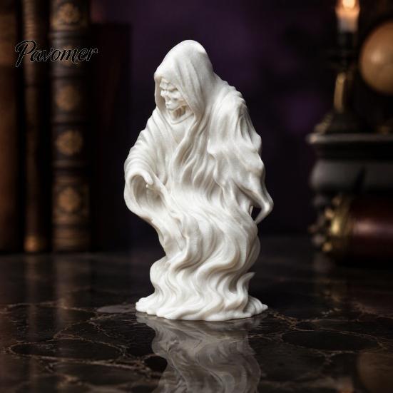 Creative Halloween Gift 3D Printed Grim Reaper Ghost Statue, Gothic Skeleton Figurine, Skull Face Statue DIY Blank White Sculpture, Desktop