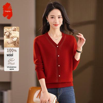 Damen 100% Wolle V-Ausschnitt Strickjacke