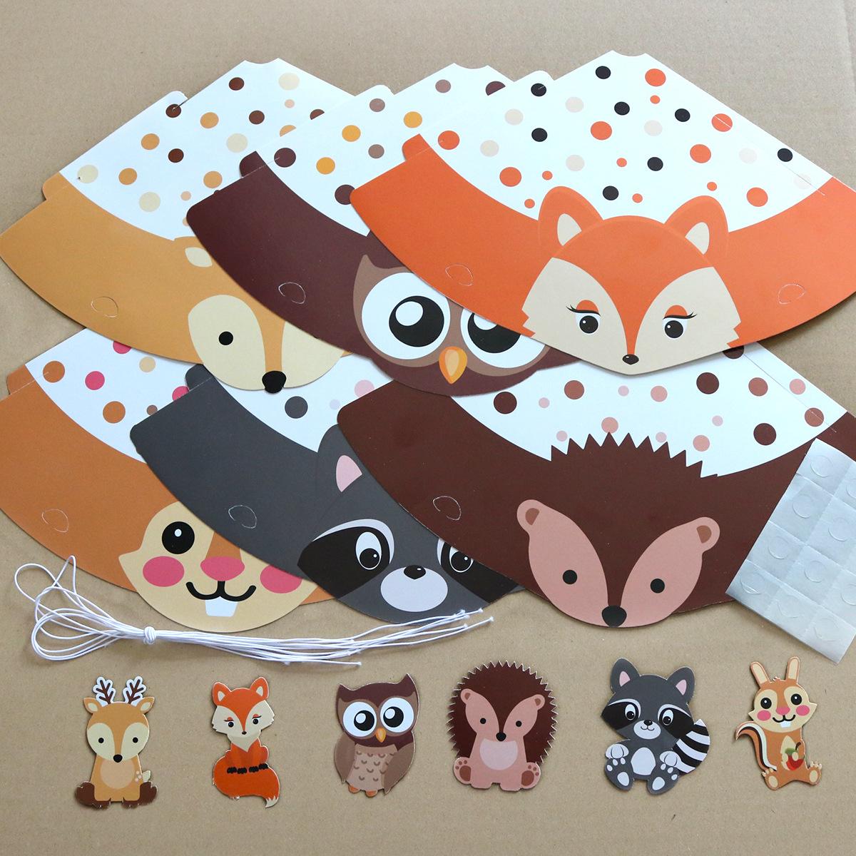 

6-Piece Set, Children S Birthday Party Hat Cartoon Squirrel Hedgehog Animal Paper Hat Birthday Hat Customization 6 packs [6 elastic ropes + 12 glue points]