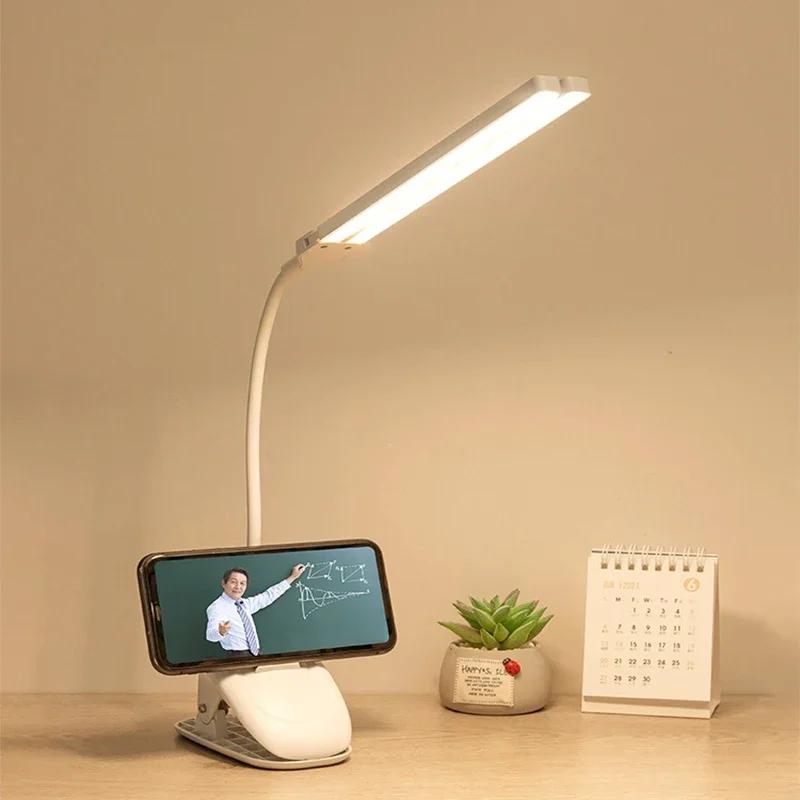 LED Double-headed Reading Table Lamp with Clip Touch Control Dimmable Light Eye Protection Mobile Phone Holder Led Desk Lamps