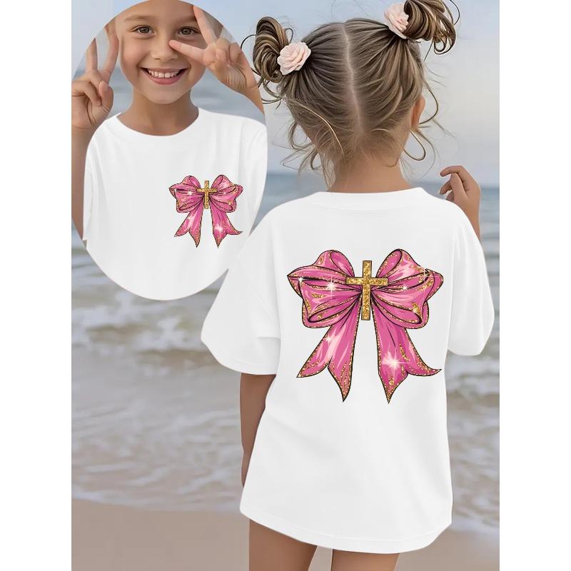 European sizes [Print Design-Not Textured] Summer Fashion Girls  Short Sleeve T-Shirt  Bow Cross  Cartoon Pattern 110