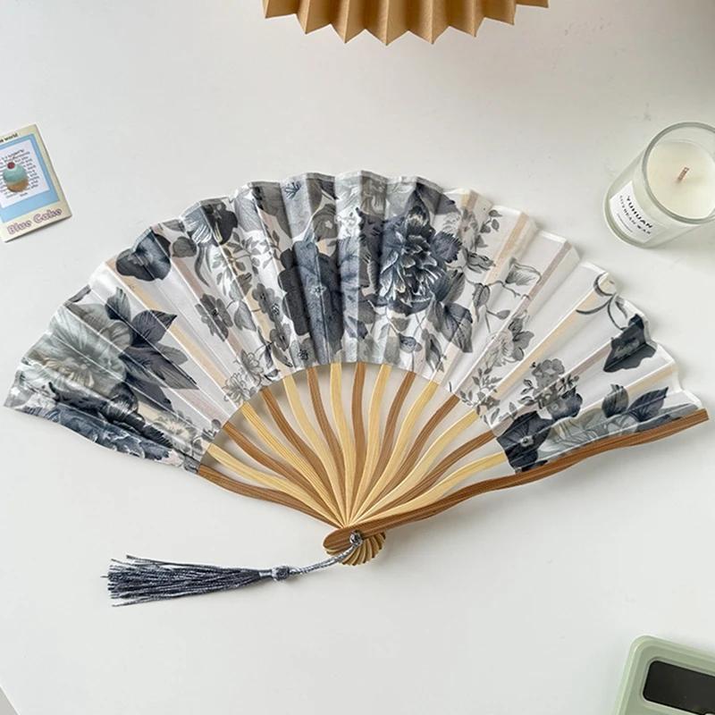 Chinese Style Silk Folding Fan Flower Classical Handheld Fan with Cover Photo Prop Tassel Folding Fan Hanfu Accessories