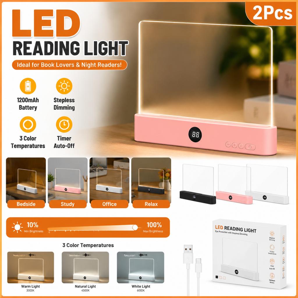 LED Book Light 1200mAh Rechargeable 3 Color Temp Dimmable Timer Eye Protection Reading Lamp