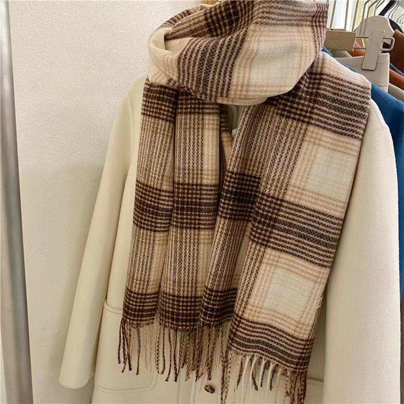 Women's Winter Plaid Imitation Cashmere Tassel Scarf, Thickened Korean Style Neck Warmer