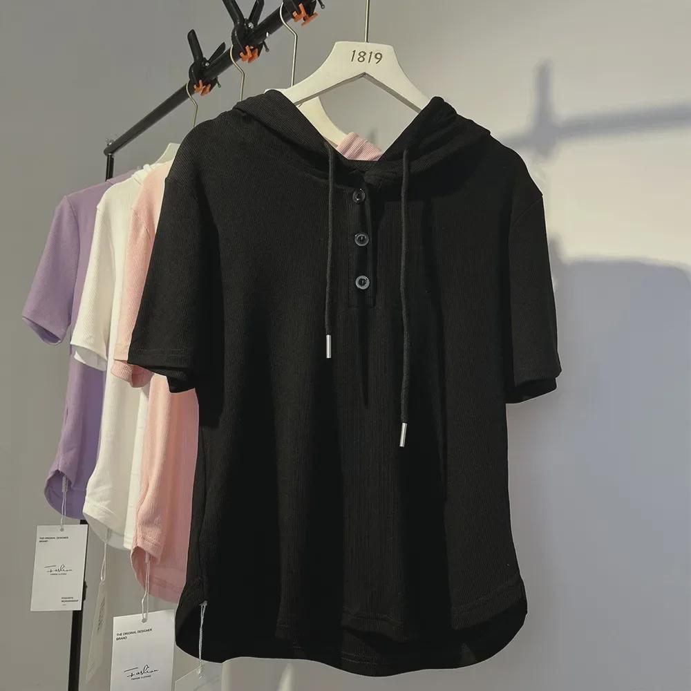 Premium Women's Ice Silk Hooded Slimming Short Sleeve Top - Versatile and Trendy Summer Style