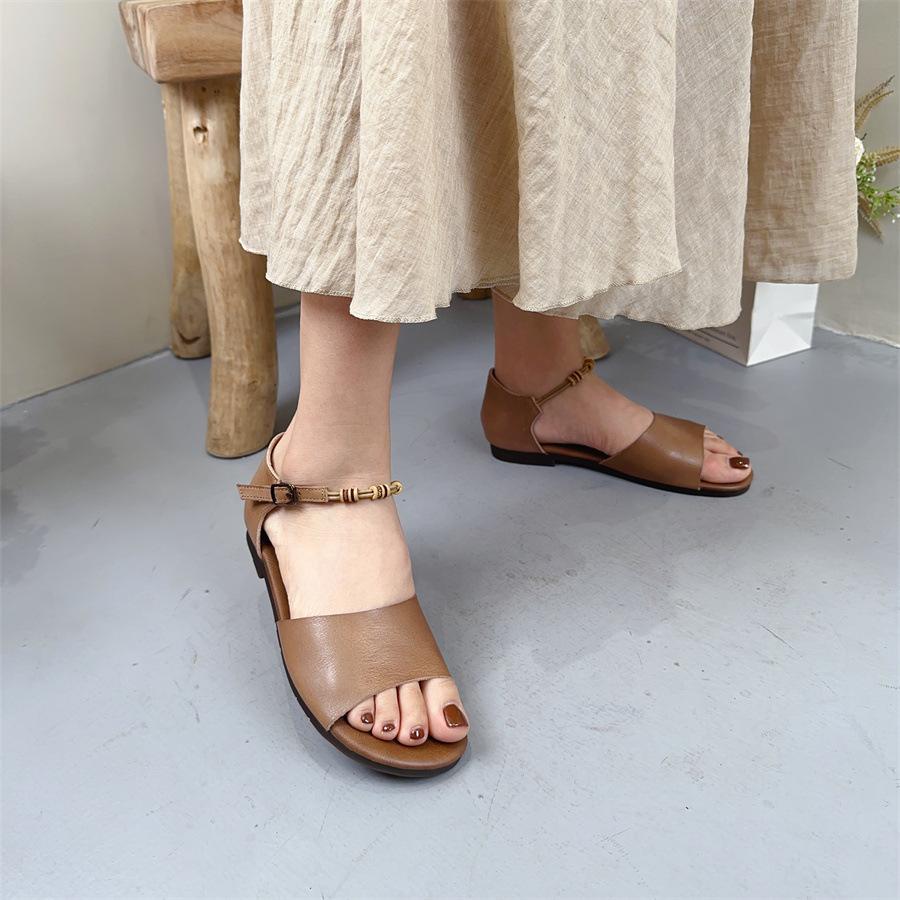 Johnature Genuine Leather Flat Sandals Handmade Leisure Peep Toe Belt Buckle Soft Sole Women's Shoes