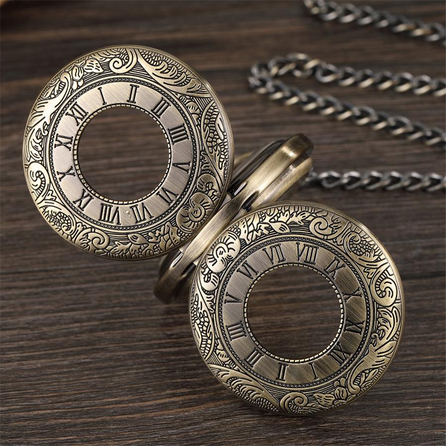New Retro Unique Men Pocket Watch Double Scale Transparent Mechanical Pocket Watch Fob Chain