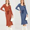 Knit Long Sleeve Dress Women's Tie Belt Corset Long Solid Color V-Neck One-piece Dress