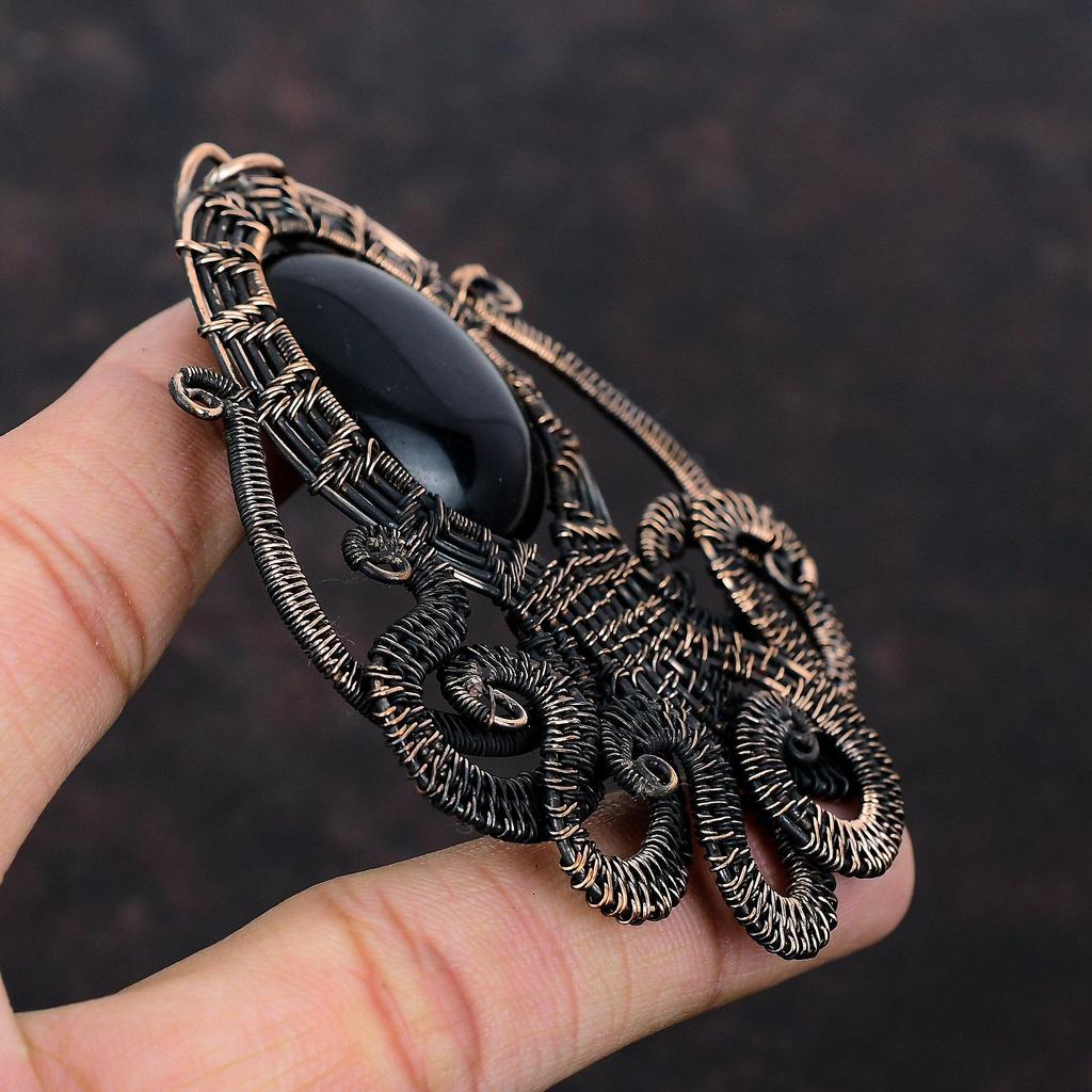 Pandantiv Onix Negru Pandantiv Înfășurat în Sârmă de Cupru Pandantiv Caracatiță Bijuterii din Cupru Pandantiv Handmade Bijuterii Înfășurate în Sârmă Pandantiv cu Piatră Prețioasă Pentru Cadou