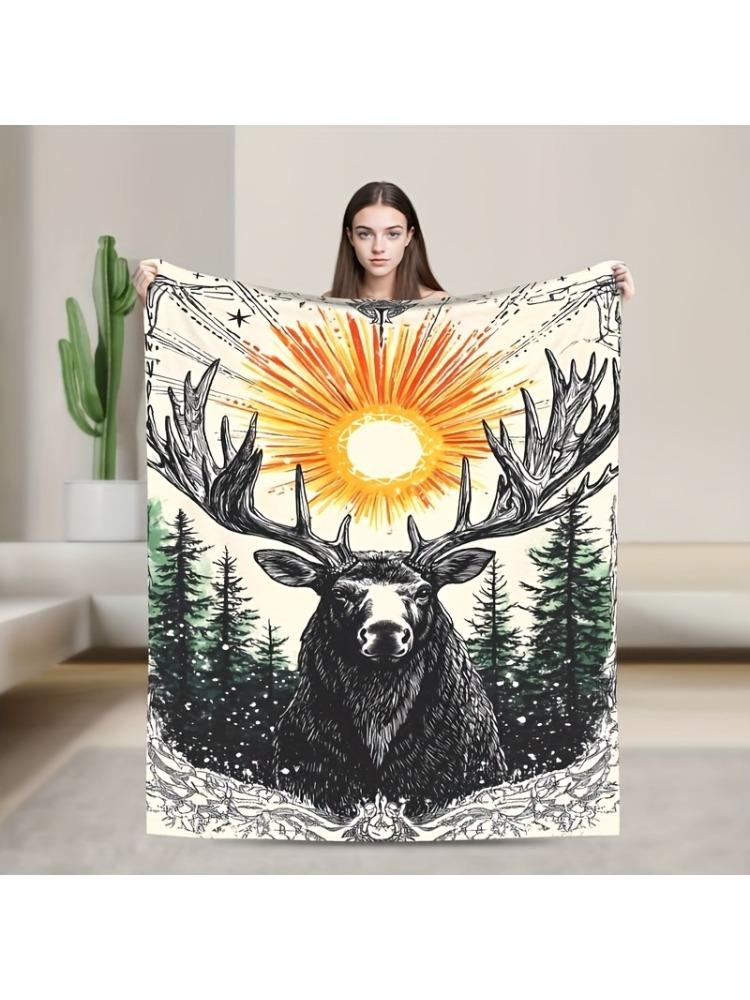 Mystical Sun on Antlers Flannel Blanket –Vintage-Inspired Reversible Throw with Deer Silhouette & Cosmic Design,Polyester Warmth
