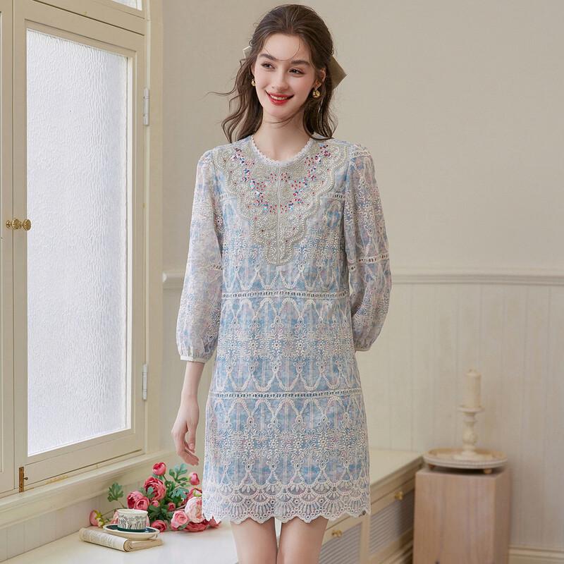 French Romantic Embroidered Beaded Straight Dress L