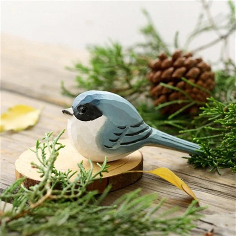 Handmade Carving Wooden Bird Figurine Small Cute Sparrow Bird Statue Home Decor Figurine Art Decoration Miniature Birds Model
