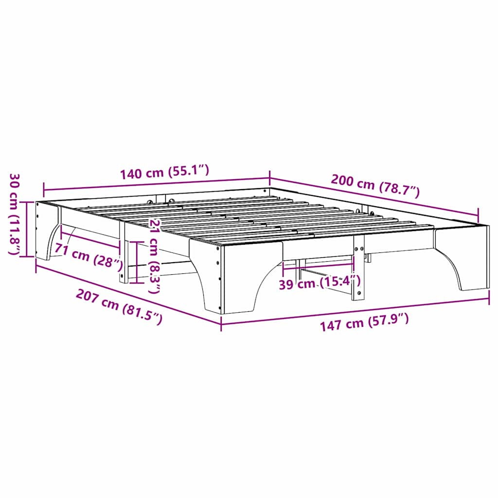 Natural Wooden Bed Frame 140 x 200 cm Solid Pine Wood