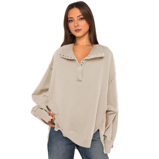 Fall Spring Women Sweatshirt Loose Turn-down Collar Lantern Sleeves Loose Solid Color Side