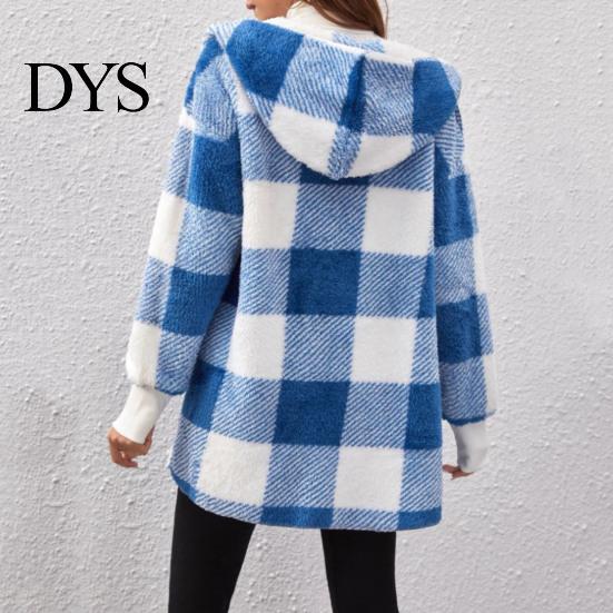 Cardigan Sweater Winter Coat Plaid Print Hooded Thick Windproof Open Stitch Knit Outerwear Mid Length Fuzzy Plush Jacket for School Travel Fall