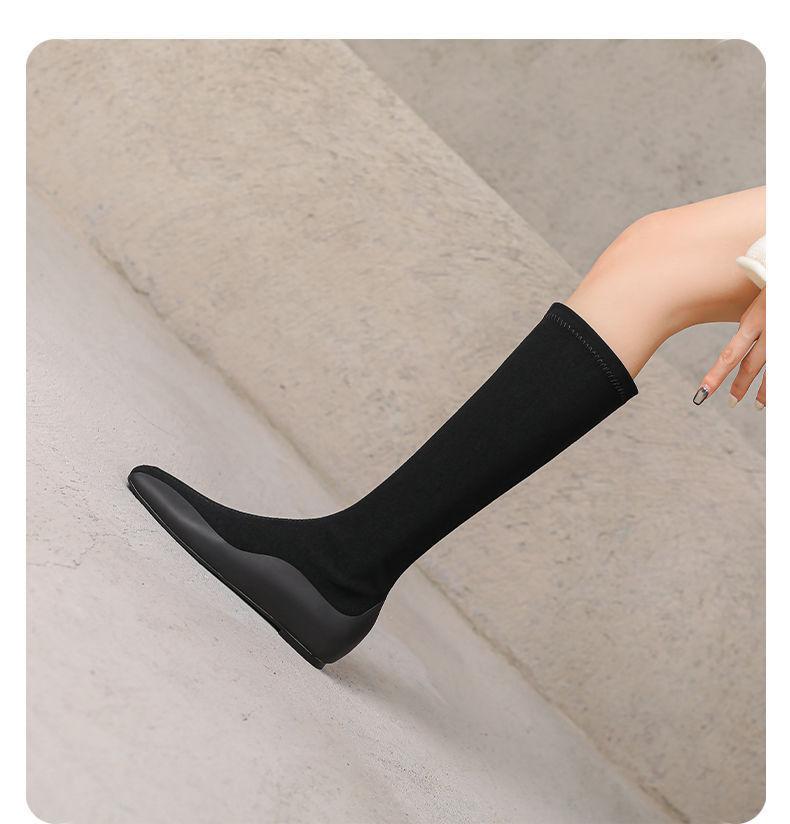 Square head high boots women's 2025 new autumn and winter knight boots flat bottom boots elastic boots socks boots stacking boots