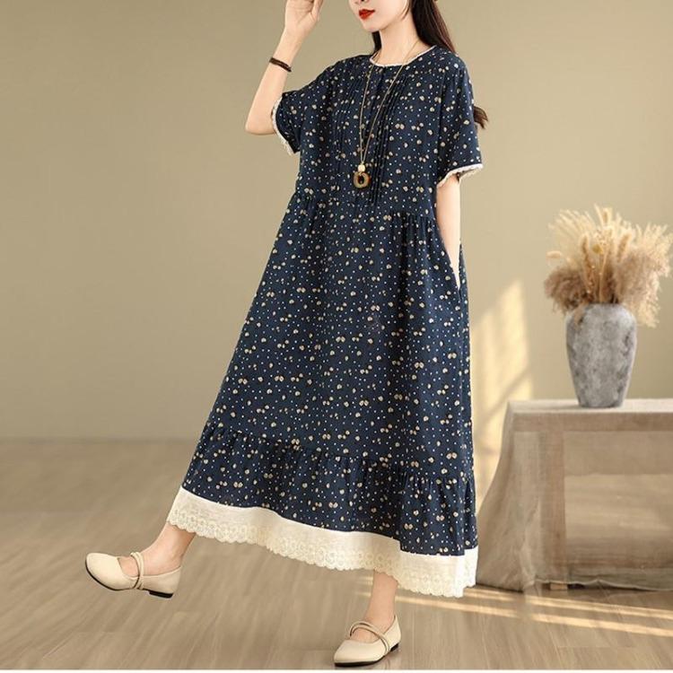 Plus Size Women Casual Loose Long Vintage Floral Summer Dress Short Sleeve Cotton Linen New In Dresses