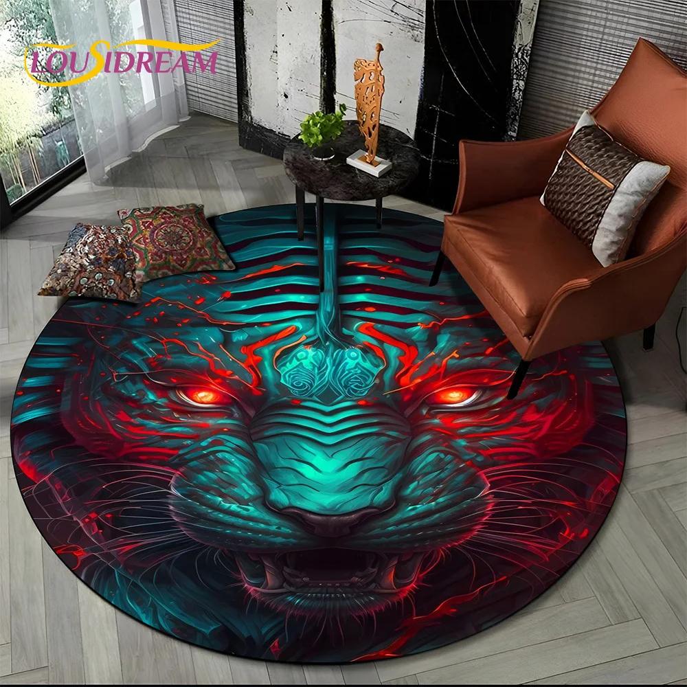 Animal Wildlife Cartoon Beast Tiger Lion Leopard Round Carpet Rug for Living Room Bedroom Child Decor,Pet Area Rug Non-slip Mat
