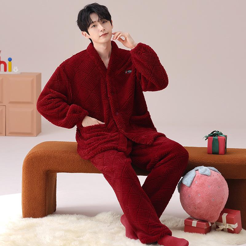 Red Pajamas Women'S Autumn And Winter Flannel Coral Fleece Pajamas Men'S Festive Wedding Couple New Set