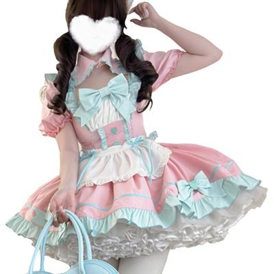 XHSUKADO 3-teiliges Dienstmädchen-Outfit-Set, Lolita-Kleid mit Schleife, Schnürung, verträumt, niedliches Gothic-Lolita-Kleid, Rüschen, Mori Girl, Prinzessinnen-Stil, Idol-Kostüm