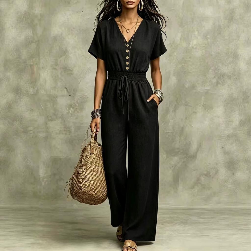 Women's V Neck Button Front Waist Belted Jumpsuit for Casual Wear