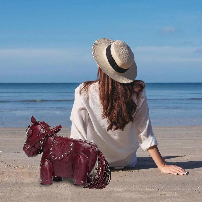 Women's Horse Shape Crossbody Bag with Adjustable Strap Cartoon Animal Shoulder Bag PU Leather Fashionable Rivet Clutch  Burgundy
