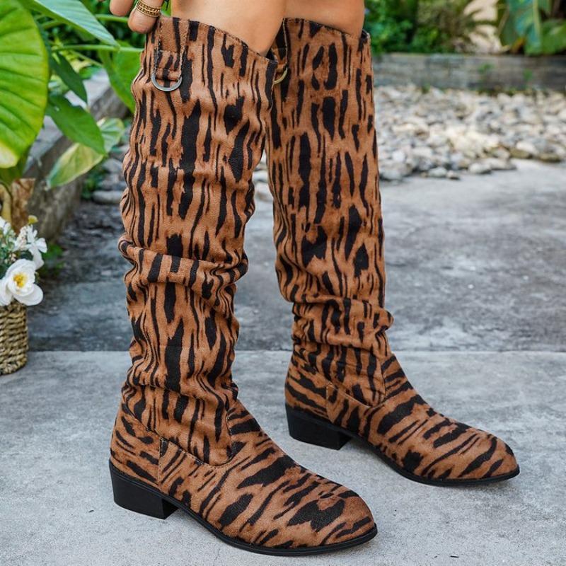 Women's Autumn European & American Style Leopard Print Knee-High Boots - Plus-Size, Chunky Heel, Thick-Soled, Versatile