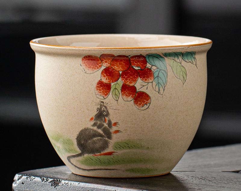1 Pc Chinese Vintage Coarse Pottery Tea Cup Handmade Zodiac Ceramic Tea Bowl Household Teaware Personal Master Teacup 150ml
