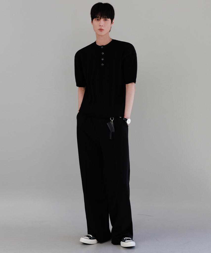 NODU Ribbed Henley Neck Crop Half Knit [Black]