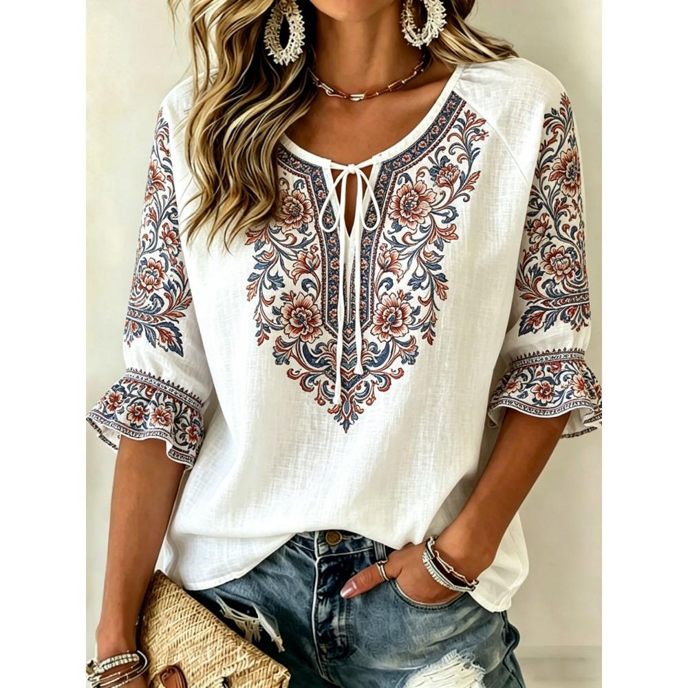 Women's White Floral Embroidery Tie Neck Blouse, Casual Loose Tops for Spring Summer Daily Wear & Vacation Occasions