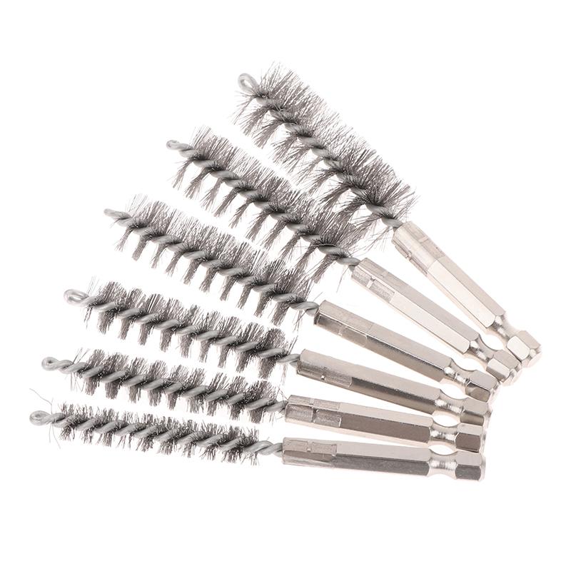 6 Pcs Stainless Steel Pipe Cleaning Brush Set 1/4" Hexagonal Bar Twisted Wire Hole Brush Cleaning Brush Bristle Wire Brush Hole