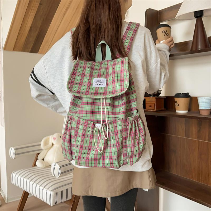 Women's Lightweight Backpack Travel Drawstring Plaid Backpack Student Class Commuter Schoolbag