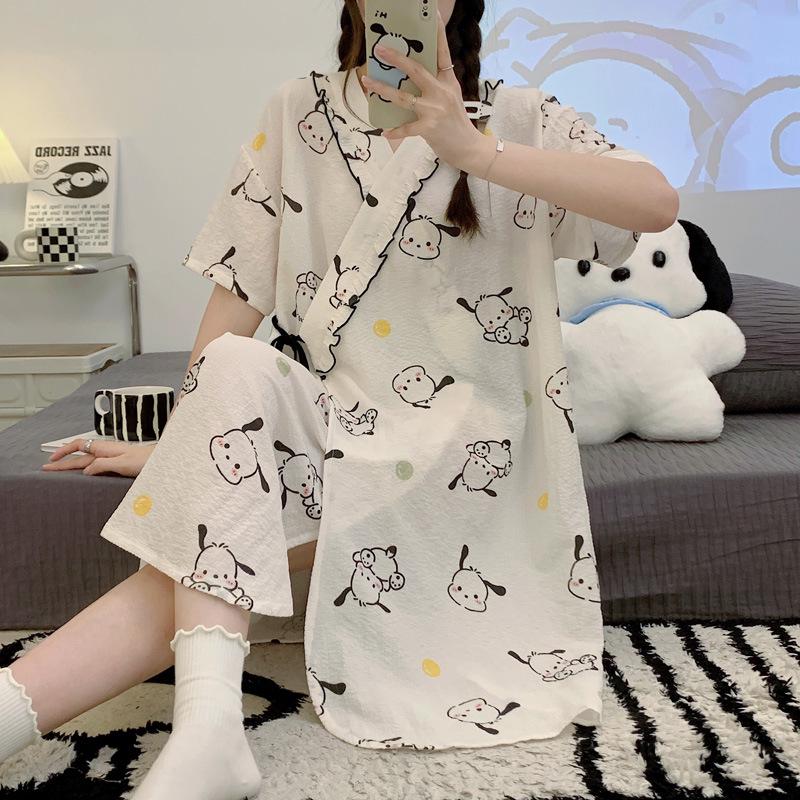 2025 Summer Kimono Maternity Nightdress - Crinkle Cotton, Postpartum Mid-Length, Short Sleeve Nursing Dress