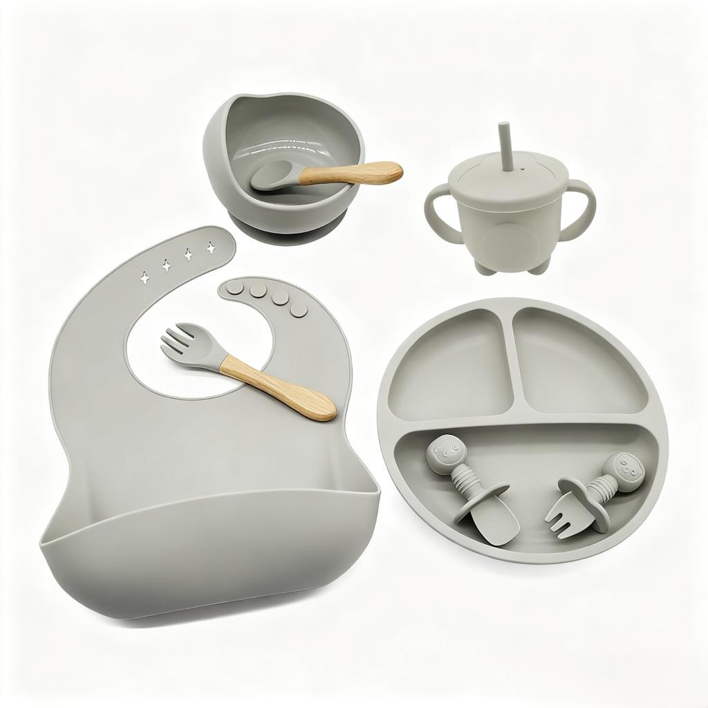 Children's Silicone Plate Eight-piece Set, Children's Plate Spoon Fork Cup Bib Bowl Tableware Combination