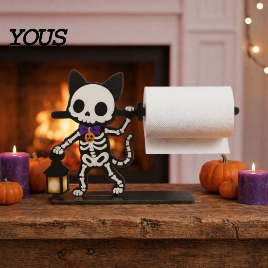 Solid Wood Roll Storage Halloween Paper Towel Holder, Wooden Skeleton/Ghost/Cat/Pumpkin/Witch Stand, Funny Party Supplies Gothic Organizer for Kitchen