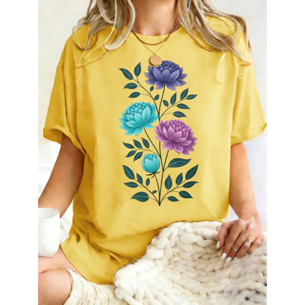 Aesthetic Flowers Branches Design Women T Shirt Oversized Casual Crewneck Top Cotton T-Shirt Breathable Y2K Clothing